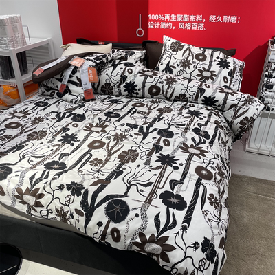 IKEA宜家 伦萨弗廷 被套和枕套棉加莱赛尔混纺材质黑色花图案被罩