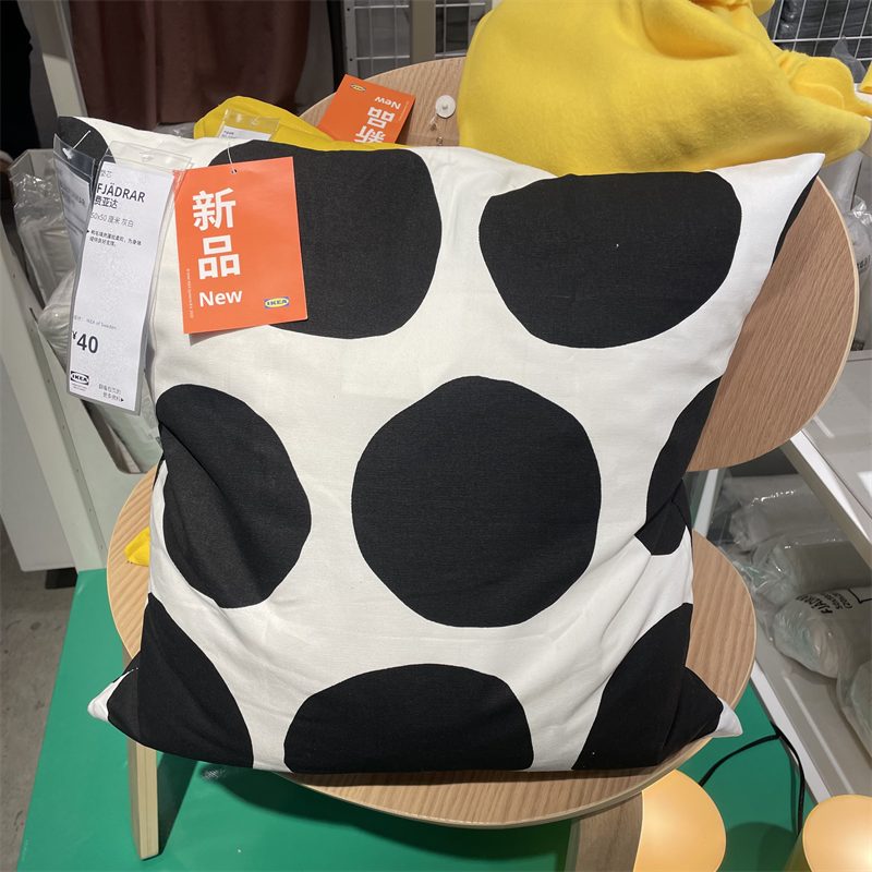 IKEA宜家 布拉蒙卡 靠垫套沙发抱枕套纯棉材质简约黑色圆圈图案