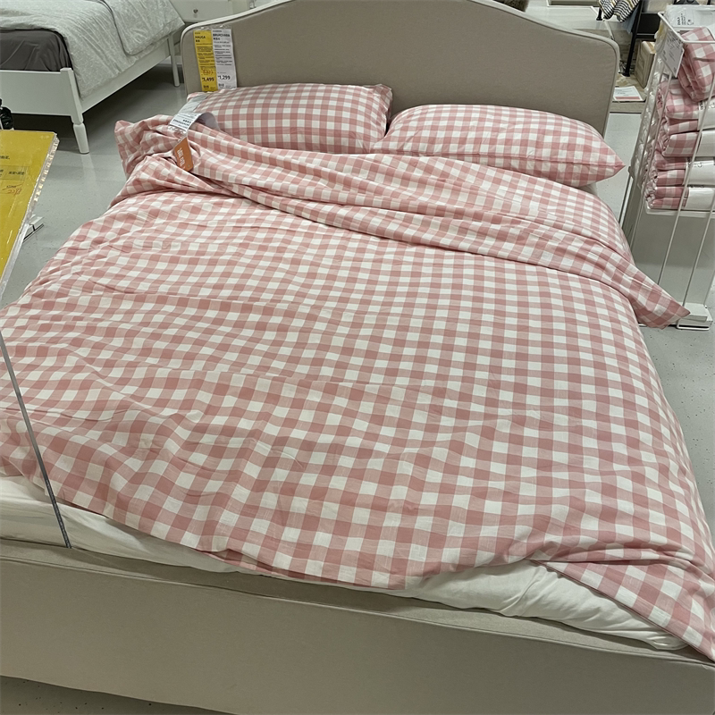 IKEA宜家 艾克塔维 被套和枕套纯棉材质日系格子图案温馨床上被罩