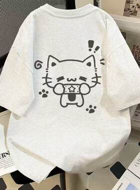 中大童纯棉日系卡通猫咪印花短袖T恤男女童夏装宽松圆领百搭上衣