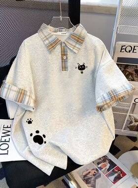 女童可爱风POLO领短袖T恤小女孩拼接袖格子印花休闲学院风上衣