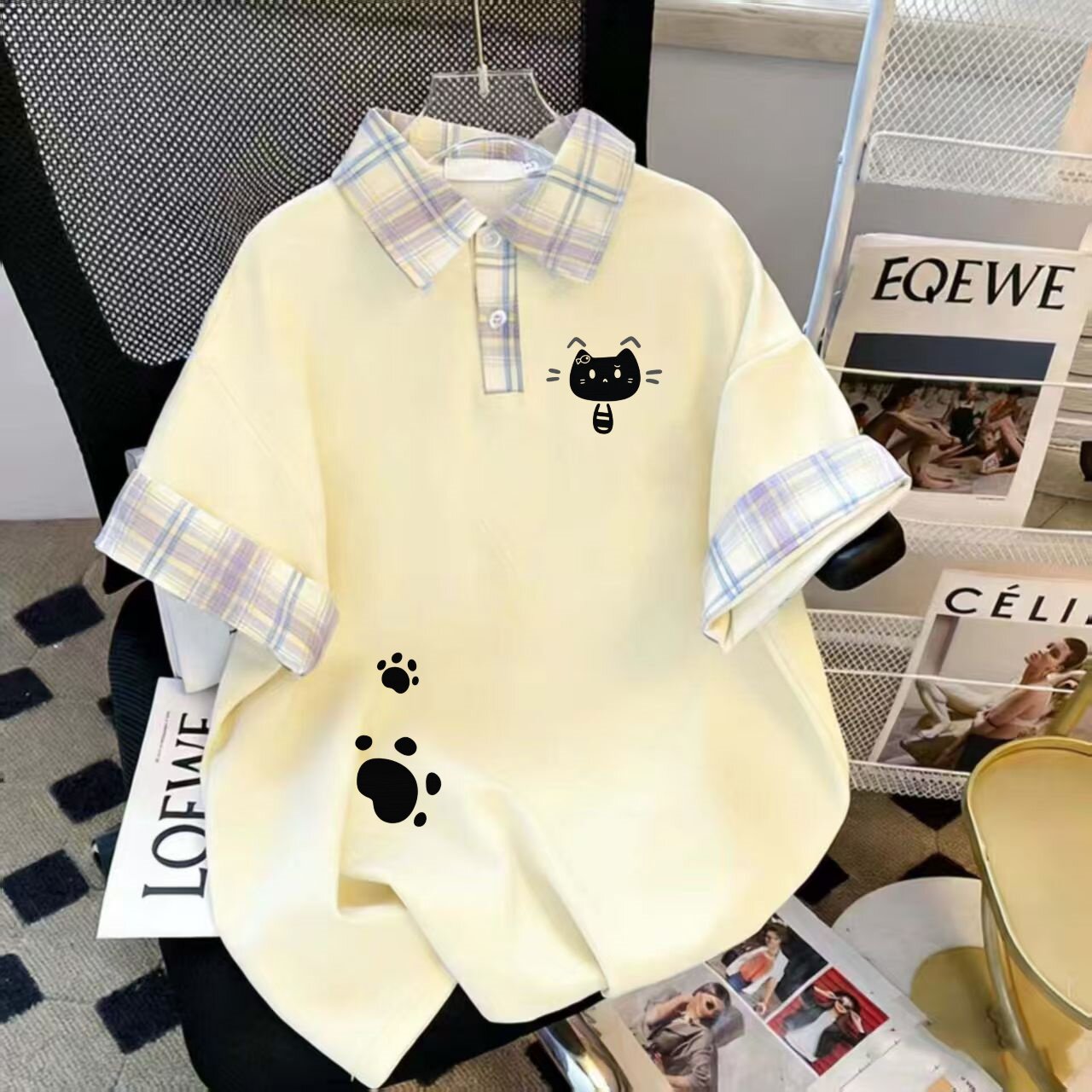 女童卡通猫咪印花POLO领短袖T恤中大童格子拼接假两件学院风上衣