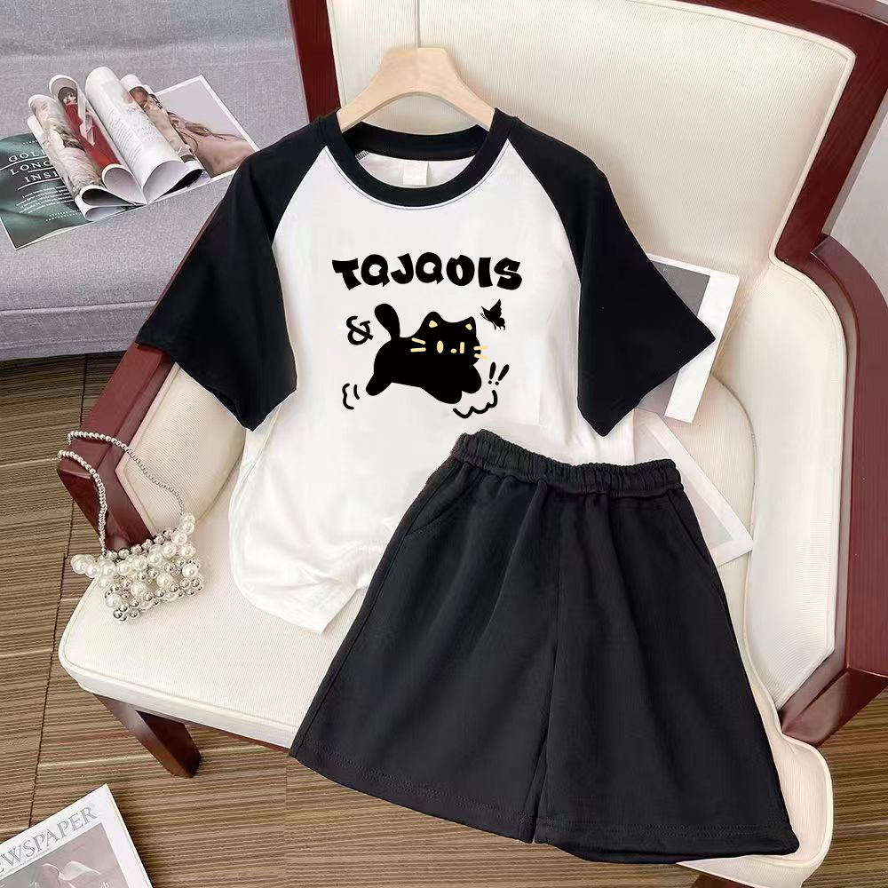 女童夏季套装2025新款夏装中大童洋气休闲短袖短裤学院风两件套潮