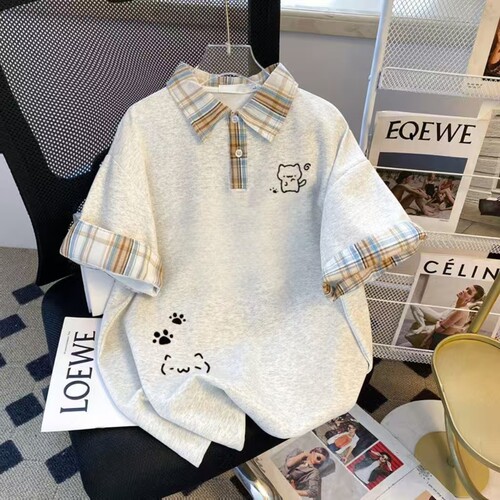 儿童夏季洋气假两件短袖T恤格子领polo衫纯棉女童学院风休闲上衣