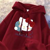 凯蒂猫印花加绒帽衫 儿童本命年酒红色连帽卫衣秋冬新款 男女童美式