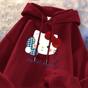 儿童本命年酒红色连帽卫衣秋冬新款男女童美式凯蒂猫印花加绒帽衫