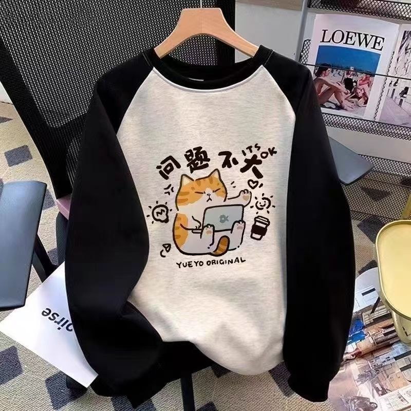 女童美式复古插肩袖拼色圆领卫衣2025秋冬中大童宽松加绒套头上衣