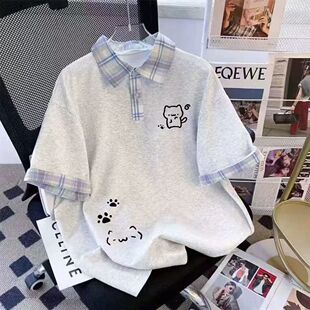 女童夏季Polo衫短袖T恤2026新款中大童卡通猫咪印花洋气纯棉上衣