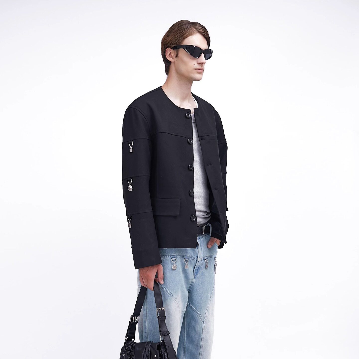 ASSEEN尔幸 吊坠装饰垫肩短夹克 不锈钢吊坠无惧水洗 羊毛混纺