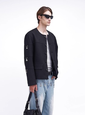 ASSEEN尔幸 吊坠装饰垫肩短夹克 不锈钢吊坠无惧水洗 羊毛混纺