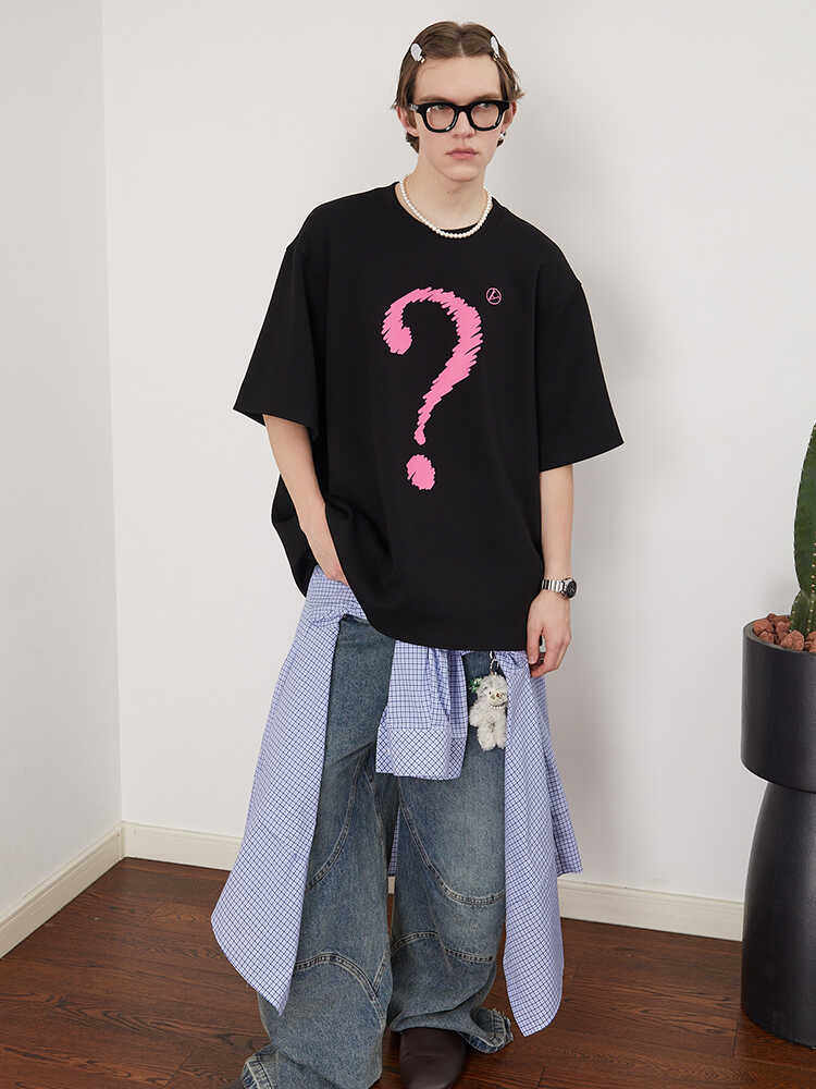 ASSEEN 重磅凉感透气空气层 手绘问号印花 oversizeT恤 男女同款