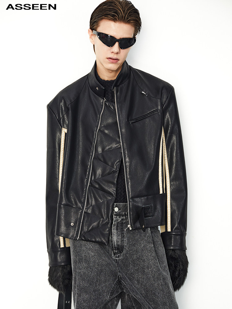 ASSEEN拼接撞色老钱风皮夹克