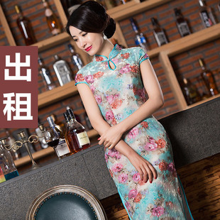 【租赁】长款短袖高分叉丝绒旗袍模特走秀复古修身女气质服装出租