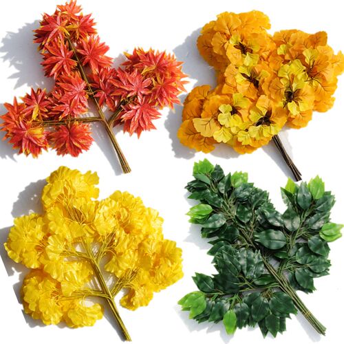 真装饰榕树叶竹叶红枫叶树枝假银杏叶园艺花卉绢花绿植物鲜田园