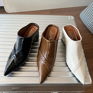 2026春季新款欧美风尖头编织纹斜带坡跟包头半拖鞋女穆勒鞋高跟鞋