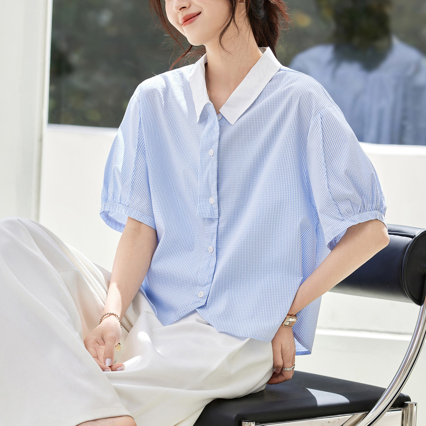 法式蓝白格子方领五分袖衬衫女