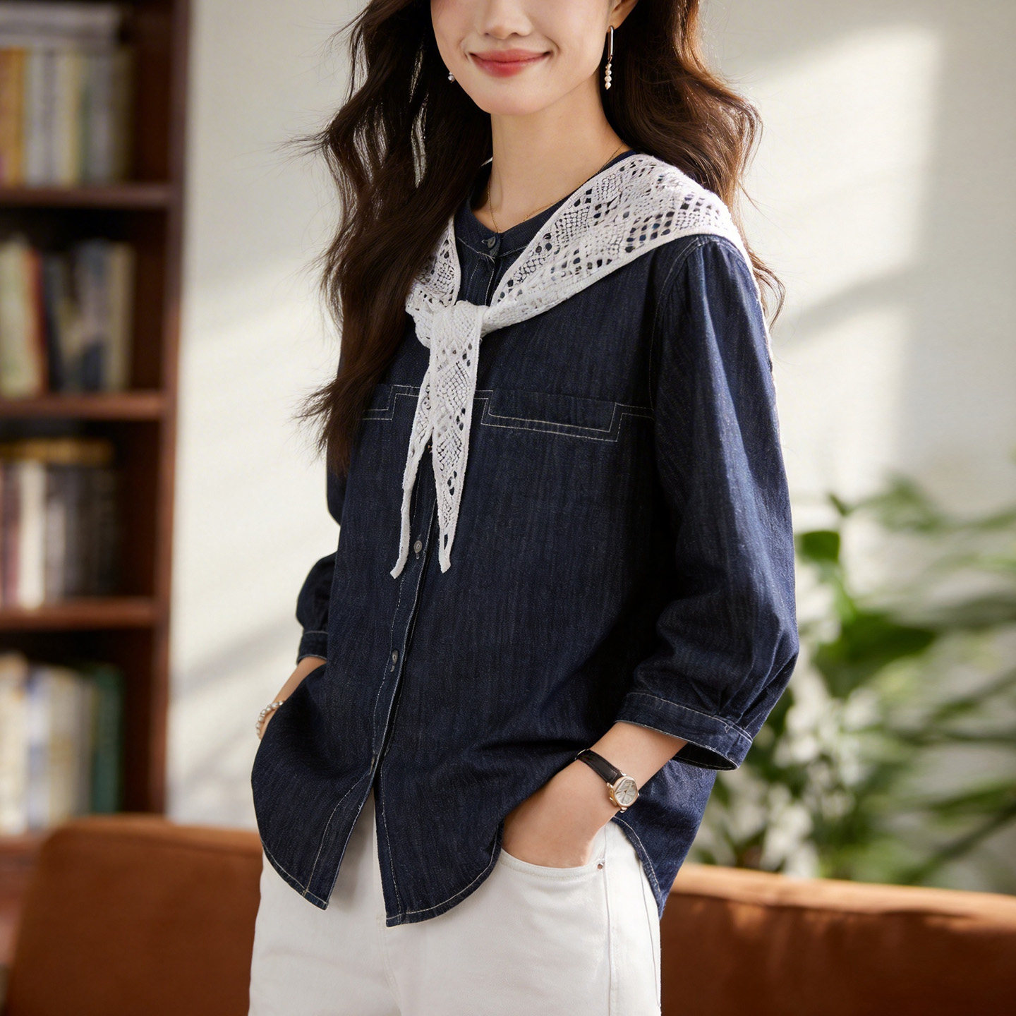 牛仔蓝蕾丝披肩七分袖女衬衫