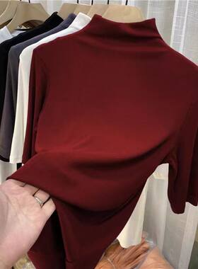 秋冬小立领短袖T恤女早秋新款韩版修身半高领五分袖纯色上衣内搭