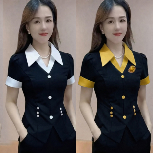 显瘦OL拼接衬衫 修身 领名媛气质短袖 上衣微喇裤 夏季 两件套装 韩版