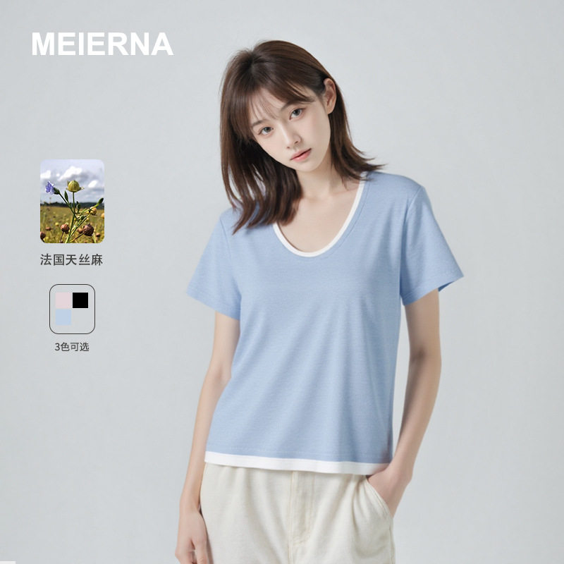 亚麻假两件短袖MBH025百搭轻薄棉感基础短袖T恤女2025夏装新款