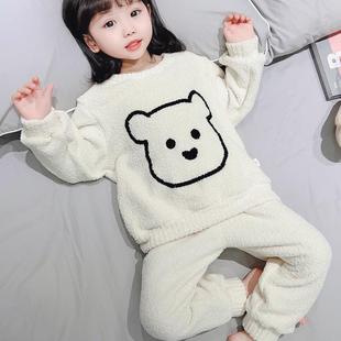 男女童家居服套装半边绒秋冬季儿童毛绒睡衣圆领保暖两件套暖暖绒