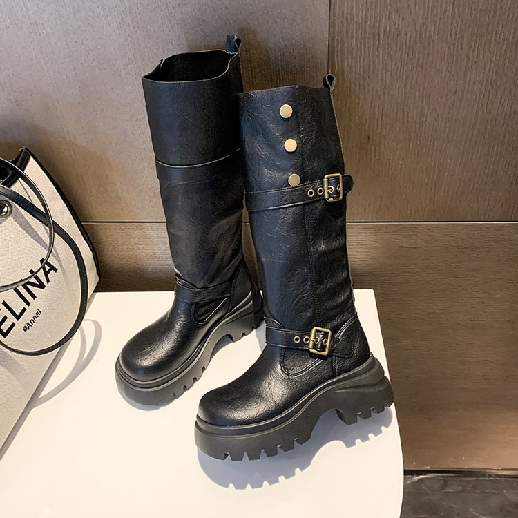 长筒靴女2025新款秋冬小个子棕色靴子美拉德厚底骑士靴高筒瘦瘦靴