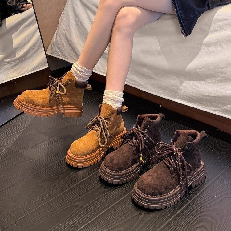 英伦风厚底马丁靴女2025秋季新款系带增高工装短靴美拉德风大黄靴