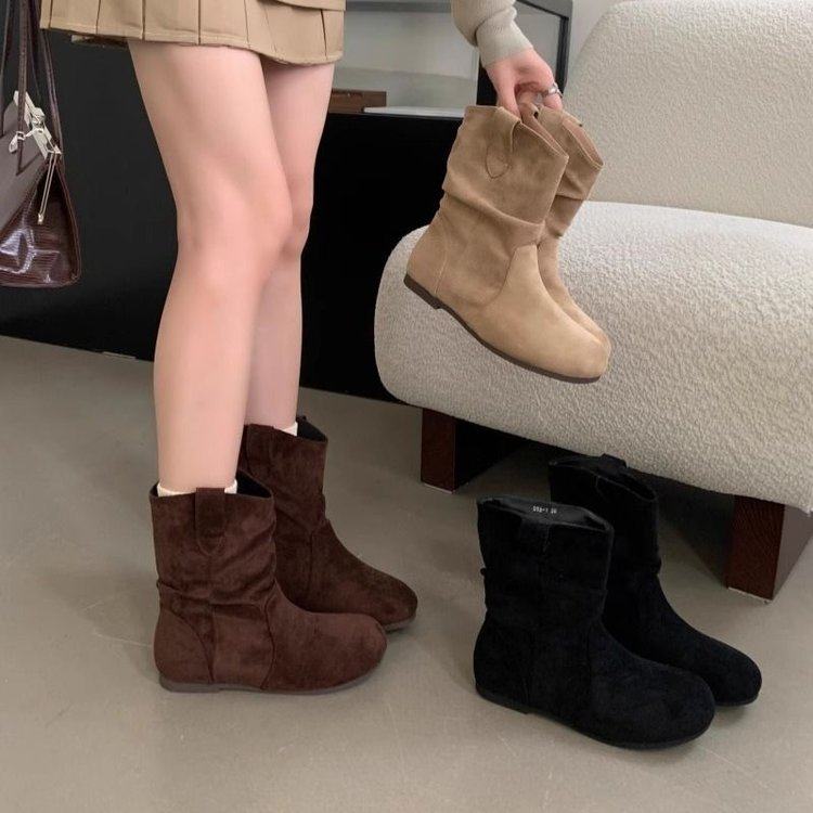网红爆款堆堆靴女圆头平底短靴2025秋冬显瘦软底小短靴西部牛仔靴,运动鞋new,德训鞋,淘宝优惠券,粉丝福利购,淘宝优惠卷