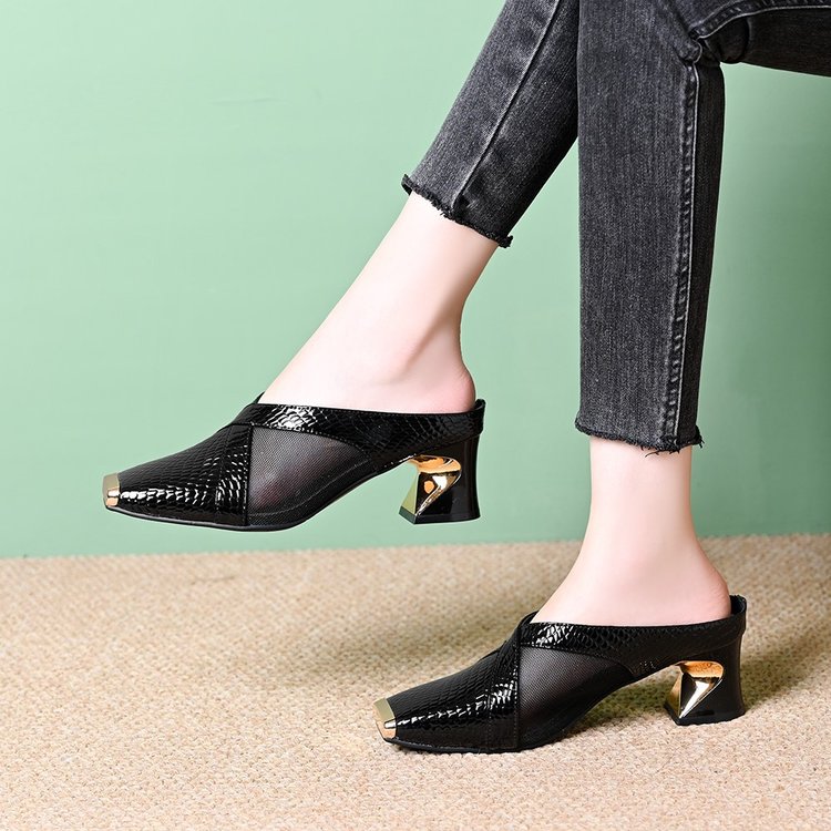 2025新款春夏包头穆勒方头气质包头镂空凉半拖鞋女款粗跟女懒拖鞋