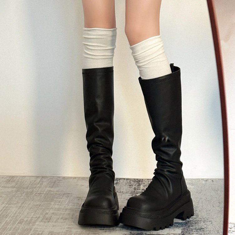 骑士靴女2025新款小个子厚底长筒靴不过膝高筒靴复古百搭堆堆靴子