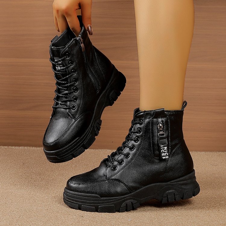 品牌真皮厚底马丁靴女2025冬季加绒保暖皮毛一体加厚雪地靴短靴