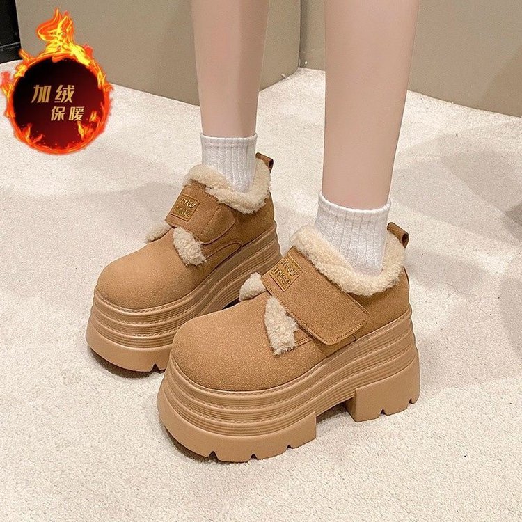 加绒厚底乐福鞋女2025冬季新款增高10cm小个子毛毛鞋加厚保暖棉鞋