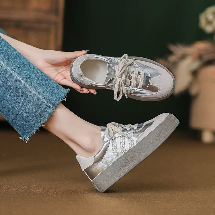 小个子内增高厚底德训鞋女秋季新款阿甘鞋银色透气休闲运动小白鞋