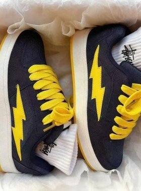 新款蓝黄色闪电美式面包鞋女有擦声透气复古滑板鞋低帮舒适休闲鞋