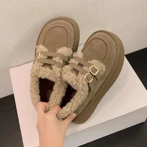 厚底勃肯鞋女鞋子2025新款秋冬加绒面包鞋外穿毛毛棉鞋保暖雪地靴