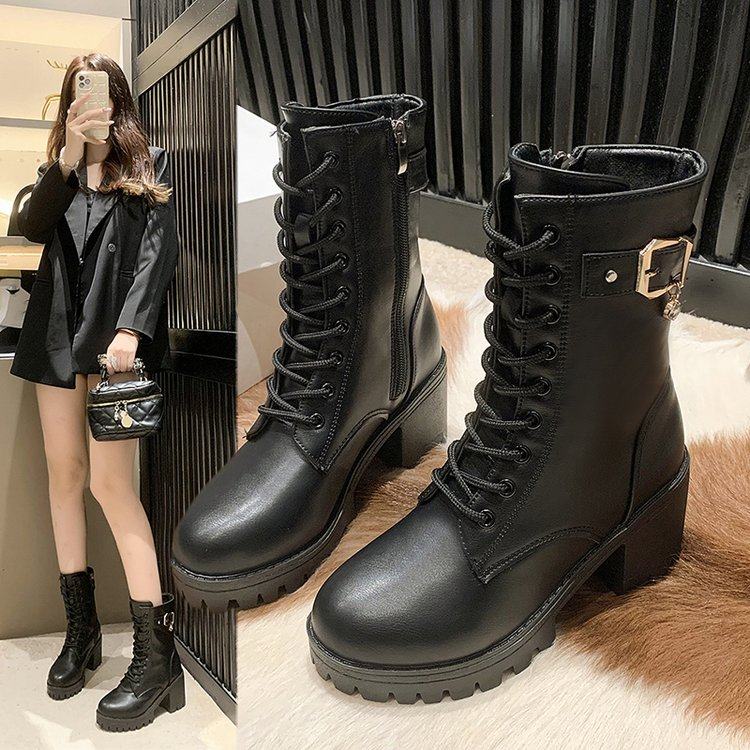 网红粗跟系带马丁靴女英伦风2025春秋单靴时尚百搭厚底机车靴子潮