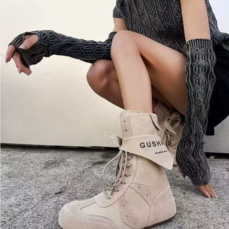 废土风薄款靴子女款2025新款西部牛仔靴夏季帆布高帮德训鞋女短靴