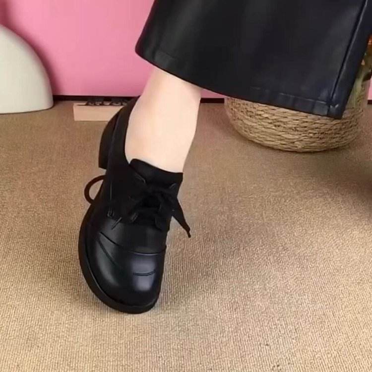 2025春秋新款粗跟系带真皮女鞋深口单鞋英伦风小皮鞋百搭乐福鞋子