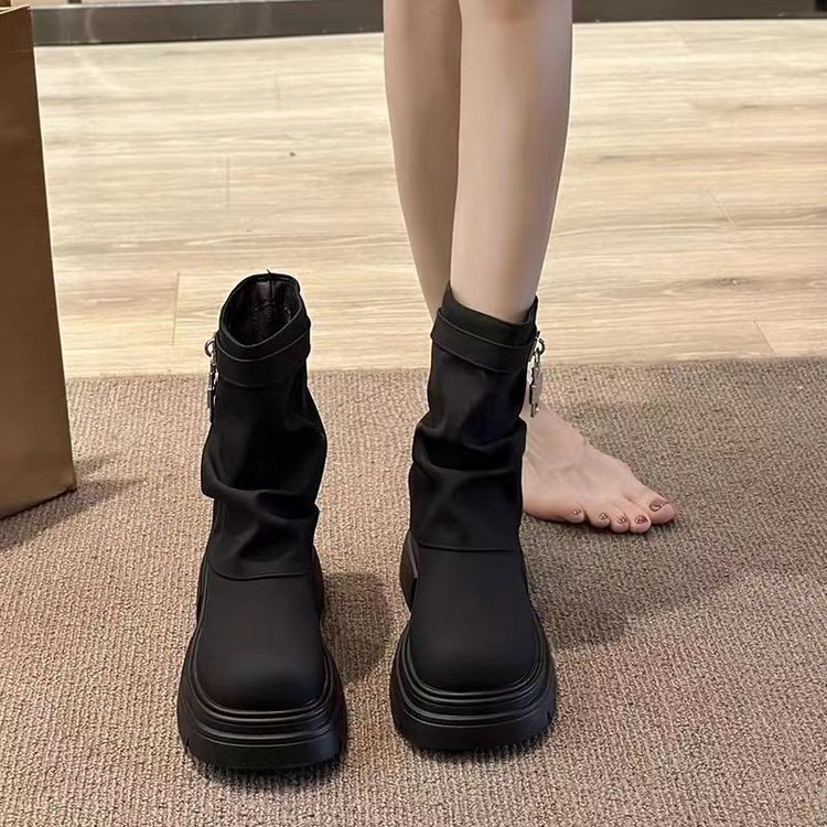 厚底马丁靴女2025秋季新款网红机车短靴复古百搭堆堆靴中筒裤管靴