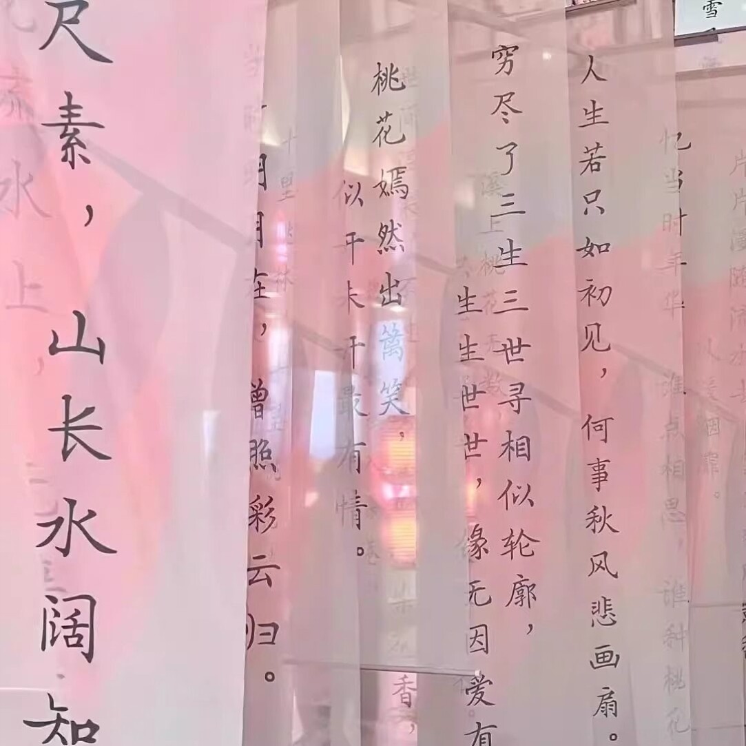 定制中式樱花桃花国风书法纱幔挂布粉色渐变氛围感装饰吊幔背景布