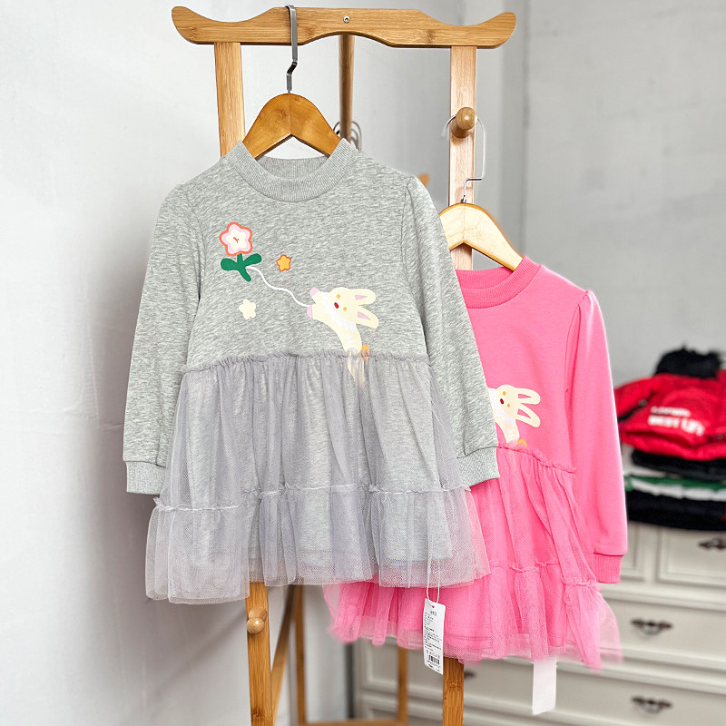 K628-K3童装110-150码儿童毛圈长袖裙蕾丝连衣裙春秋女童卡通可爱