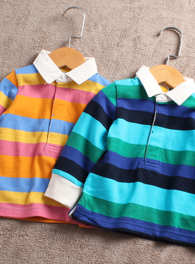 C079-中C2瑕疵80-130码童装日本儿童纯棉长袖T恤翻领条纹中童外贸