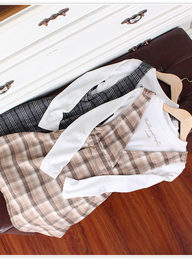 H618-Q3童装130-160码日系儿童套装呢子背带裙长袖T恤学院风外贸