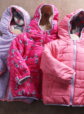E161-A 童装100-120码日本儿童冬季薄棉袄双面穿带帽棉衣中童外贸