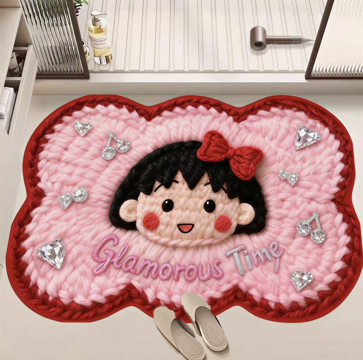 毛线风樱桃小丸子卡通可爱吸水地垫床边家用硅藻厨房入户卧室地毯