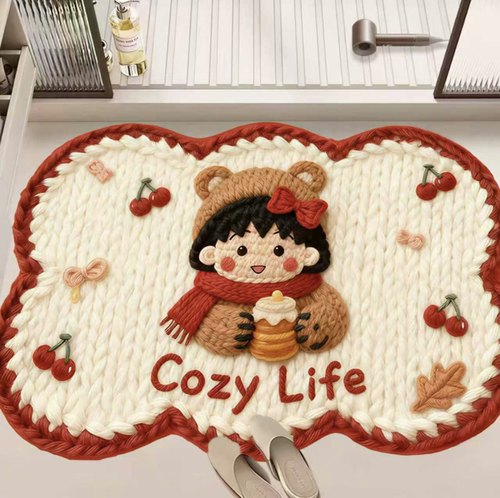 毛线风卡通可爱樱桃小丸子吸水地垫床边家用硅藻厨房入户卧室地毯