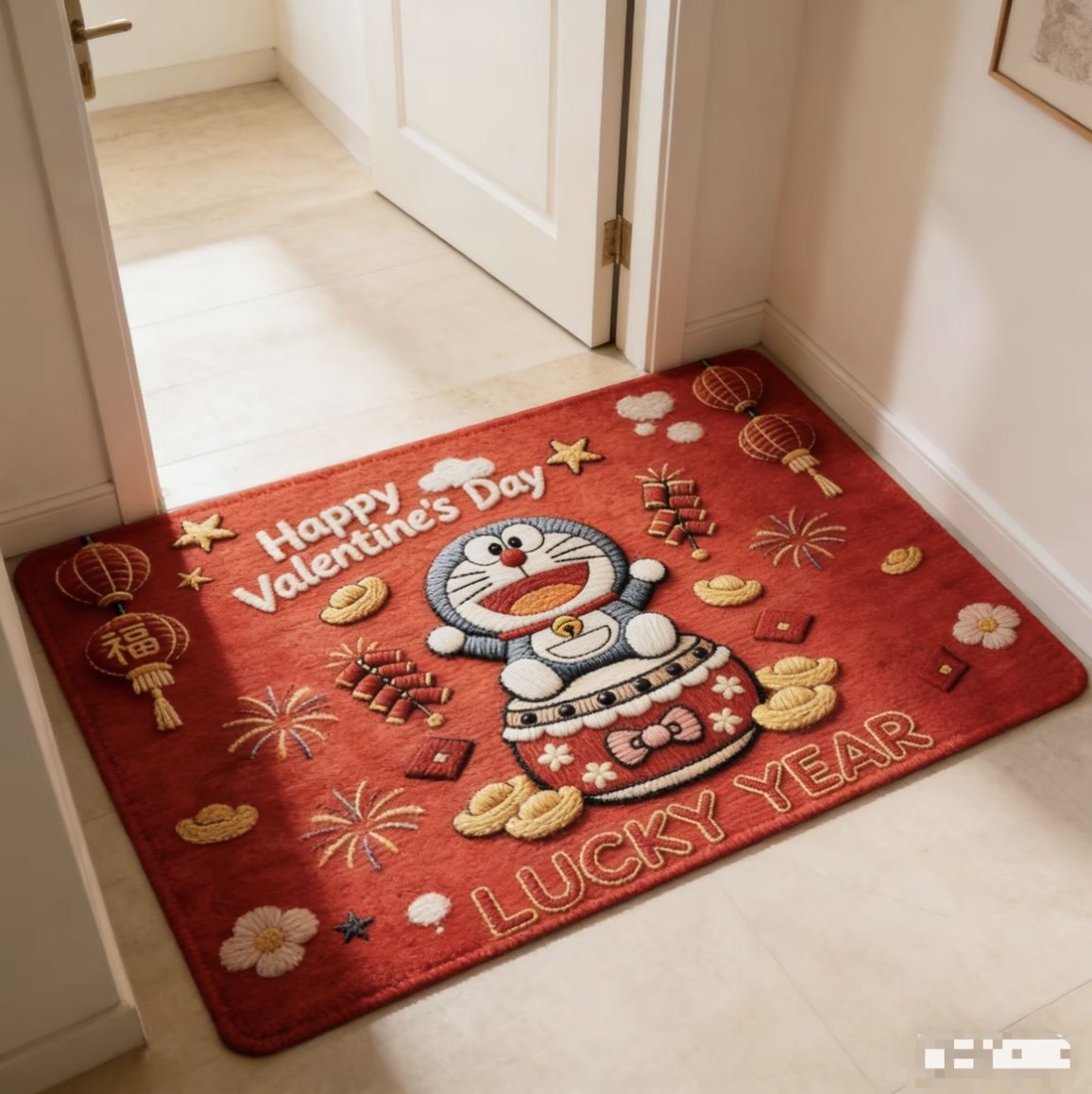 硅藻哆啦a梦新年kt卡通可爱吸水地垫厨房浴室入户卧室地毯喜庆红