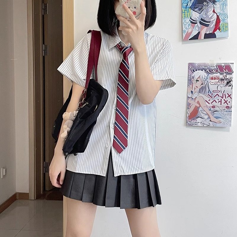 jk制服套装条纹短袖衬衫女士夏款上衣学院风宽松白色学生衬衣班服