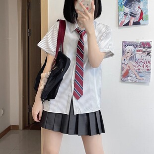 jk制服套装条纹短袖衬衫女士夏款上衣学院风宽松白色学生衬衣班服