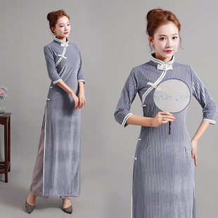 旗袍舞蹈服女古典开叉永不消逝的电波舞剧晨渔光曲扇子舞演出服装